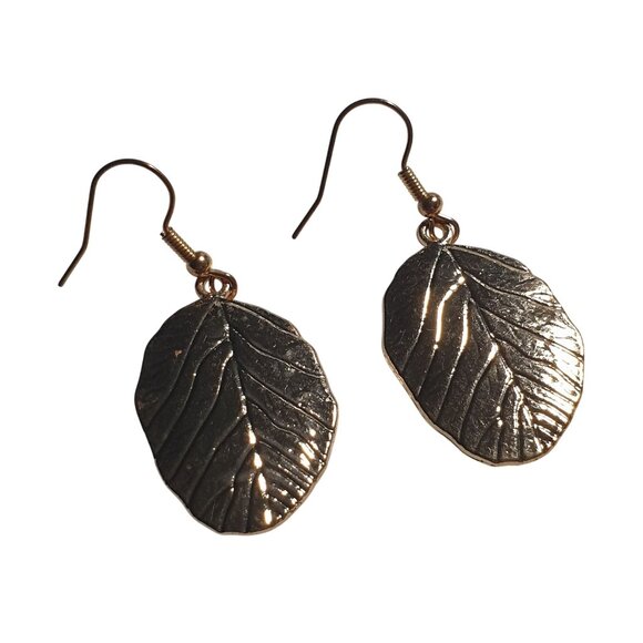Gold Tone Textured Leaf Dangle Earrings Classic Elegant Design Hook Lightweight - Picture 4 of 5